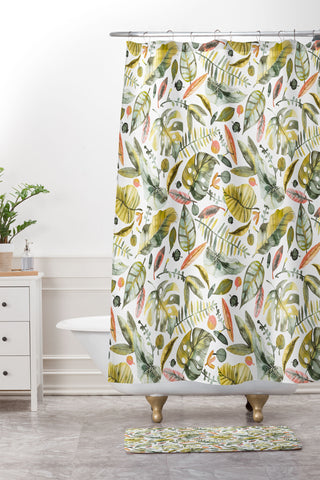 Ninola Design Botanic Retreat Tropical Jungle Leaves Botanical Green Orange Shower Curtain And Mat