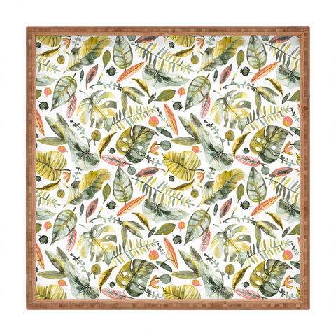 Ninola Design Botanic Retreat Tropical Jungle Leaves Botanical Green Orange Square Tray