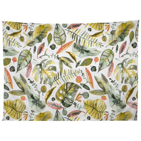 Ninola Design Botanic Retreat Tropical Jungle Leaves Botanical Green Orange Tapestry