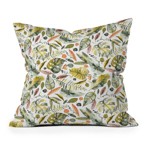 Ninola Design Botanic Retreat Tropical Jungle Leaves Botanical Green Orange Outdoor Throw Pillow