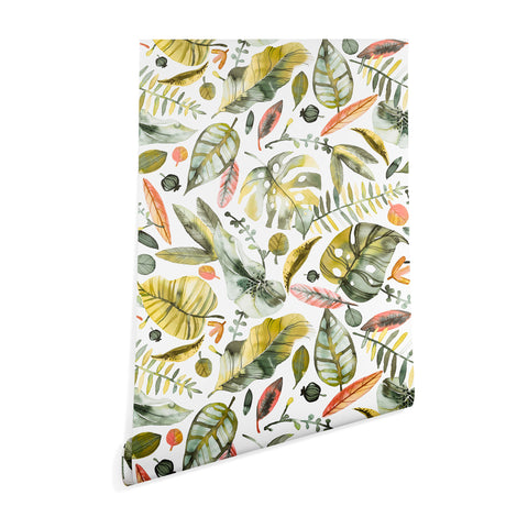 Ninola Design Botanic Retreat Tropical Jungle Leaves Botanical Green Orange Wallpaper