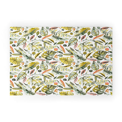 Ninola Design Botanic Retreat Tropical Jungle Leaves Botanical Green Orange Welcome Mat