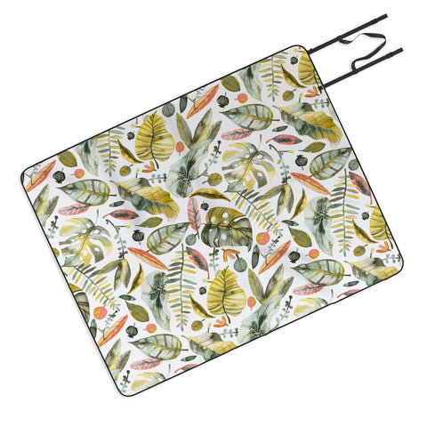 Ninola Design Botanic Retreat Tropical Jungle Leaves Botanical Green Orange Picnic Blanket