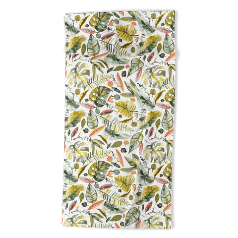 Ninola Design Botanic Retreat Tropical Jungle Leaves Botanical Green Orange Beach Towel