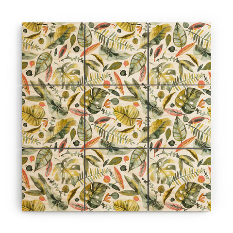 Ninola Design Botanic Retreat Tropical Jungle Leaves Botanical Green Orange Wood Wall Mural