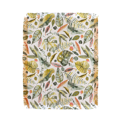 Ninola Design Botanic Retreat Tropical Jungle Leaves Botanical Green Orange Throw Blanket