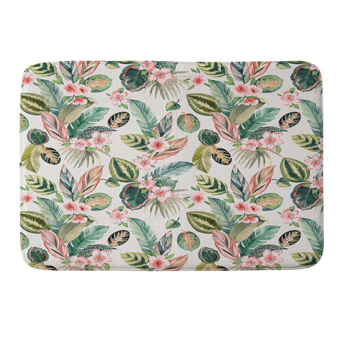 Ninola Design Botanic Retreat Tropical Leaves Flowers Pink Green Memory Foam Bath Mat