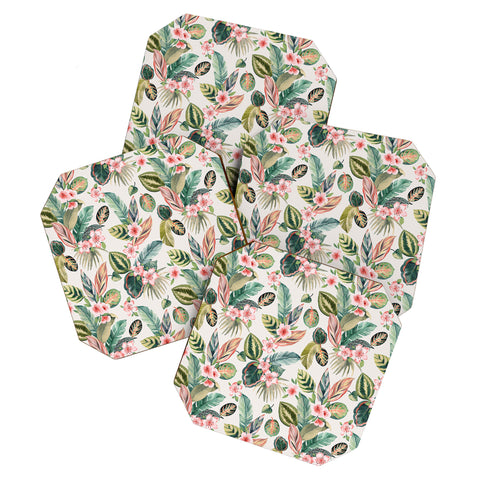 Ninola Design Botanic Retreat Tropical Leaves Flowers Pink Green Coaster Set