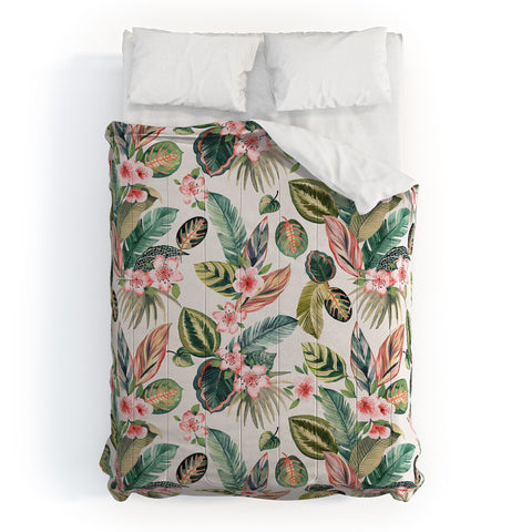 Ninola Design Botanic Retreat Tropical Leaves Flowers Pink Green Comforter