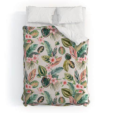 Ninola Design Botanic Retreat Tropical Leaves Flowers Pink Green Duvet Cover