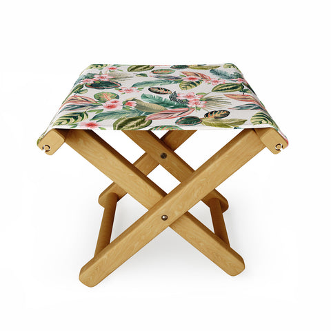 Ninola Design Botanic Retreat Tropical Leaves Flowers Pink Green Folding Stool