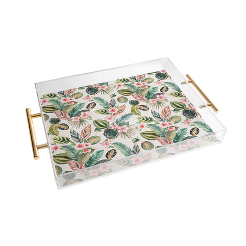 Ninola Design Botanic Retreat Tropical Leaves Flowers Pink Green Acrylic Tray