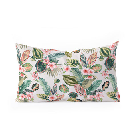 Ninola Design Botanic Retreat Tropical Leaves Flowers Pink Green Oblong Throw Pillow
