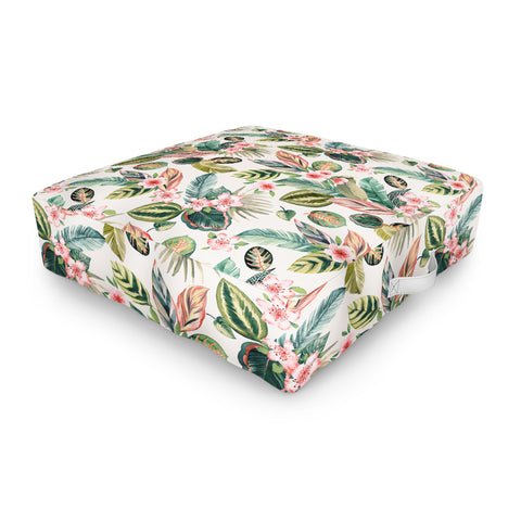 Ninola Design Botanic Retreat Tropical Leaves Flowers Pink Green Outdoor Floor Cushion