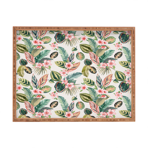 Ninola Design Botanic Retreat Tropical Leaves Flowers Pink Green Rectangular Tray