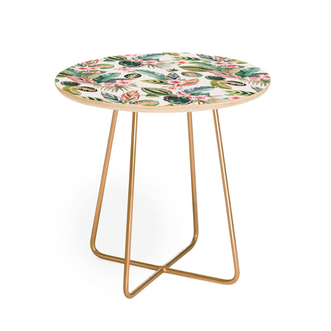 Ninola Design Botanic Retreat Tropical Leaves Flowers Pink Green Round Side Table