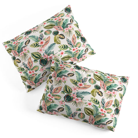 Ninola Design Botanic Retreat Tropical Leaves Flowers Pink Green Pillow Shams
