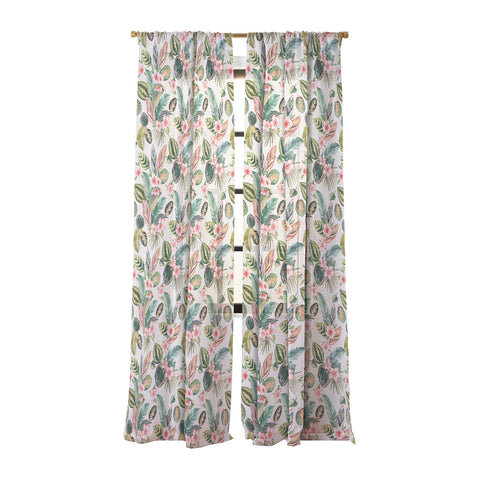 Ninola Design Botanic Retreat Tropical Leaves Flowers Pink Green Sheer Window Curtain