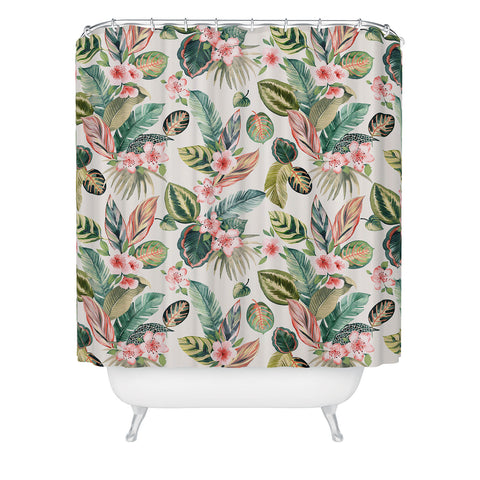 Ninola Design Botanic Retreat Tropical Leaves Flowers Pink Green Shower Curtain