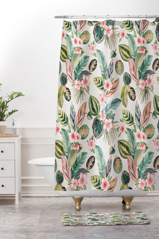 Ninola Design Botanic Retreat Tropical Leaves Flowers Pink Green Shower Curtain And Mat