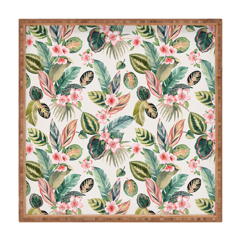 Ninola Design Botanic Retreat Tropical Leaves Flowers Pink Green Square Tray
