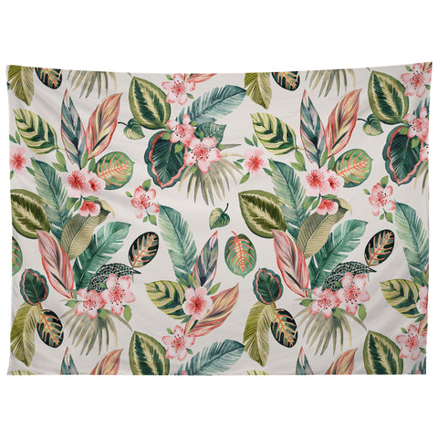 Ninola Design Botanic Retreat Tropical Leaves Flowers Pink Green Tapestry