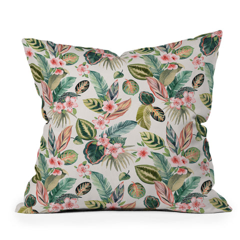Ninola Design Botanic Retreat Tropical Leaves Flowers Pink Green Outdoor Throw Pillow