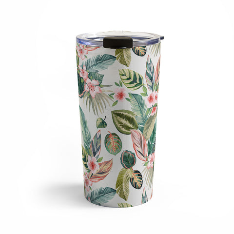 Ninola Design Botanic Retreat Tropical Leaves Flowers Pink Green Travel Mug
