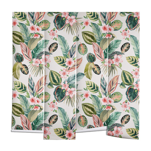 Ninola Design Botanic Retreat Tropical Leaves Flowers Pink Green Wall Mural