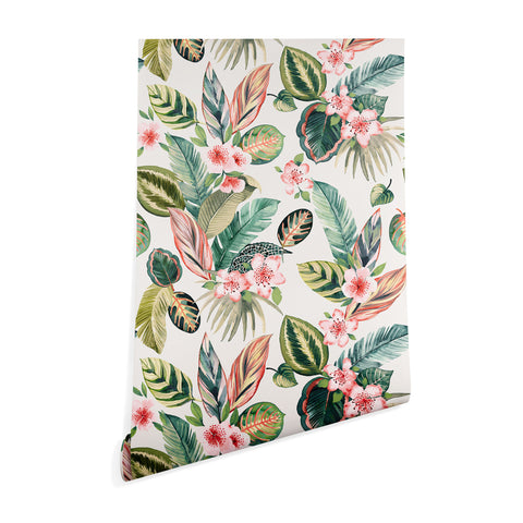 Ninola Design Botanic Retreat Tropical Leaves Flowers Pink Green Wallpaper