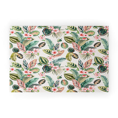 Ninola Design Botanic Retreat Tropical Leaves Flowers Pink Green Welcome Mat