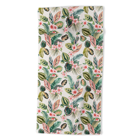 Ninola Design Botanic Retreat Tropical Leaves Flowers Pink Green Beach Towel