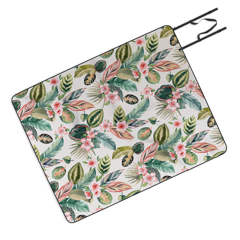 Ninola Design Botanic Retreat Tropical Leaves Flowers Pink Green Picnic Blanket