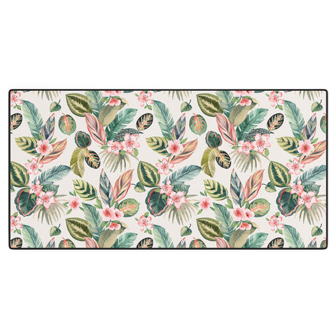 Ninola Design Botanic Retreat Tropical Leaves Flowers Pink Green Desk Mat