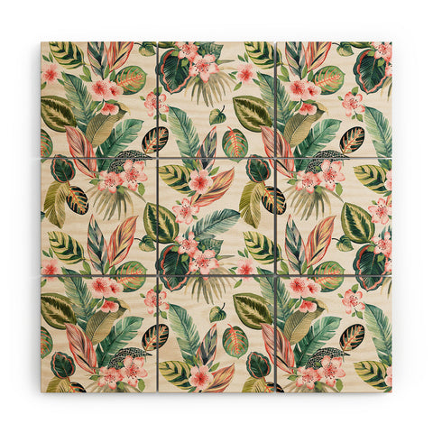 Ninola Design Botanic Retreat Tropical Leaves Flowers Pink Green Wood Wall Mural