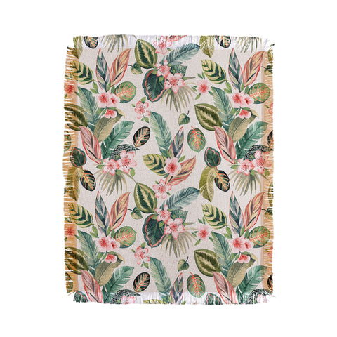 Ninola Design Botanic Retreat Tropical Leaves Flowers Pink Green Throw Blanket