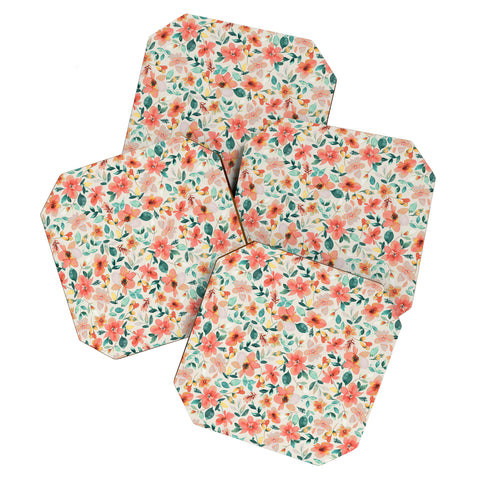 Ninola Design Botanic Retreat Tropical Whimsical Flowers Coral Green Coaster Set