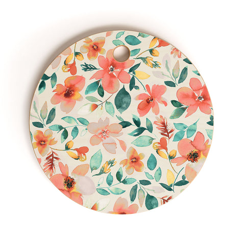 Ninola Design Botanic Retreat Tropical Whimsical Flowers Coral Green Cutting Board Round