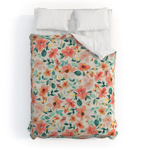 Ninola Design Botanic Retreat Tropical Whimsical Flowers Coral Green Duvet Cover
