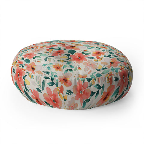 Ninola Design Botanic Retreat Tropical Whimsical Flowers Coral Green Floor Pillow Round