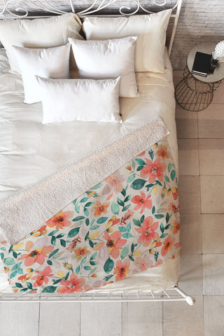 Ninola Design Botanic Retreat Tropical Whimsical Flowers Coral Green Fleece Throw Blanket
