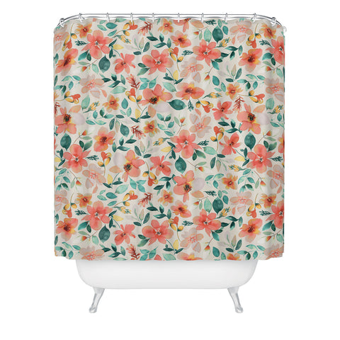 Ninola Design Botanic Retreat Tropical Whimsical Flowers Coral Green Shower Curtain