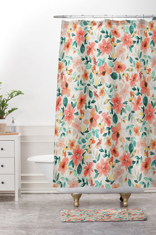 Ninola Design Botanic Retreat Tropical Whimsical Flowers Coral Green Shower Curtain And Mat
