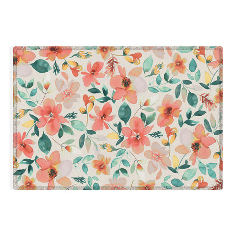 Ninola Design Botanic Retreat Tropical Whimsical Flowers Coral Green Outdoor Rug
