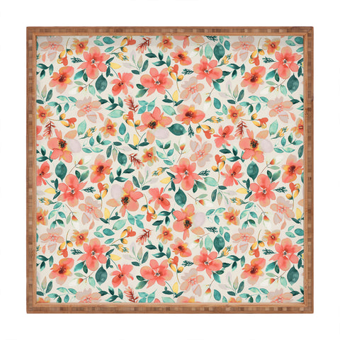 Ninola Design Botanic Retreat Tropical Whimsical Flowers Coral Green Square Tray