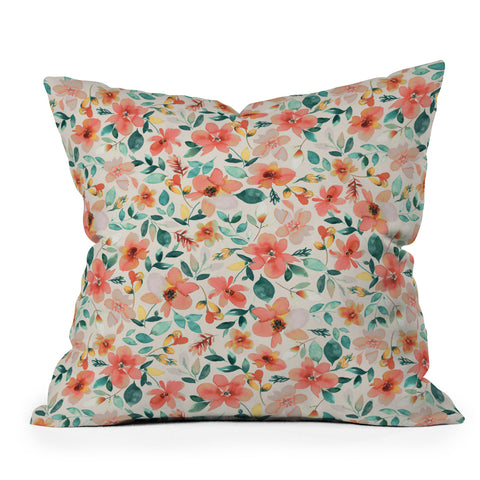 Ninola Design Botanic Retreat Tropical Whimsical Flowers Coral Green Throw Pillow