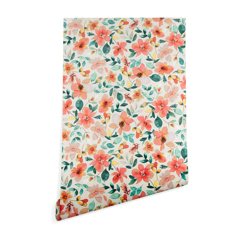 Ninola Design Botanic Retreat Tropical Whimsical Flowers Coral Green Wallpaper