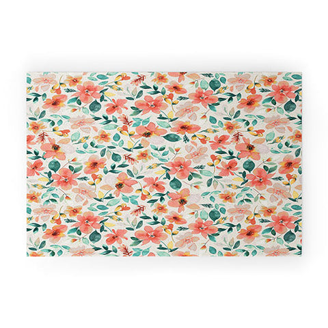 Ninola Design Botanic Retreat Tropical Whimsical Flowers Coral Green Welcome Mat