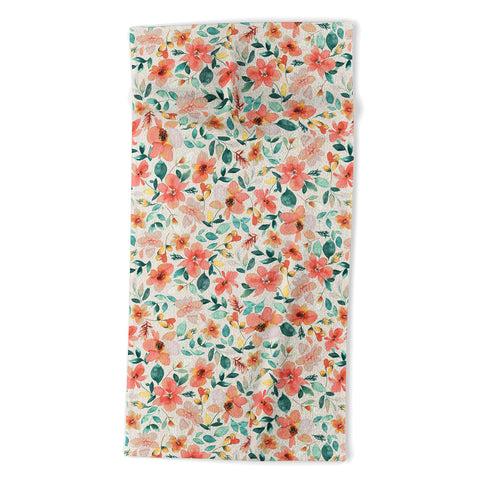 Ninola Design Botanic Retreat Tropical Whimsical Flowers Coral Green Beach Towel