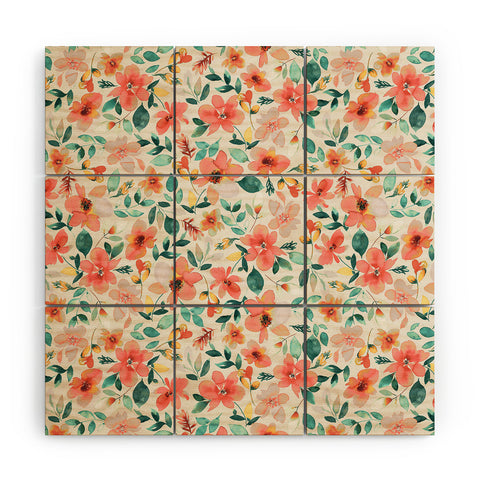 Ninola Design Botanic Retreat Tropical Whimsical Flowers Coral Green Wood Wall Mural